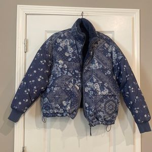 Blue Printed Reversible Puffer Jacket